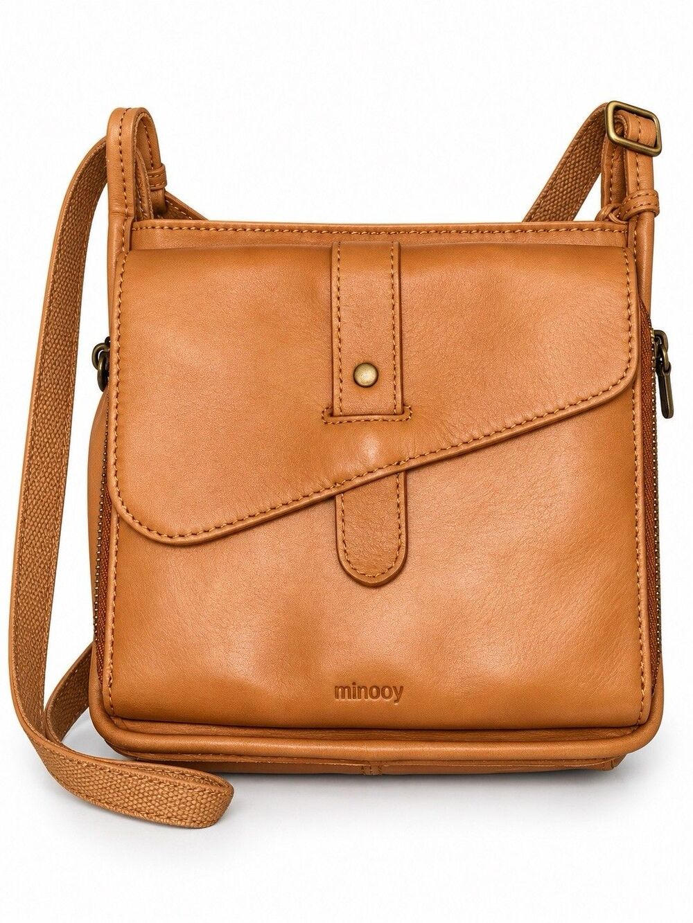 Minooy Athena Full Grain Leather Crossbody Bag Wallet Caramel Brown RFID 2.2L